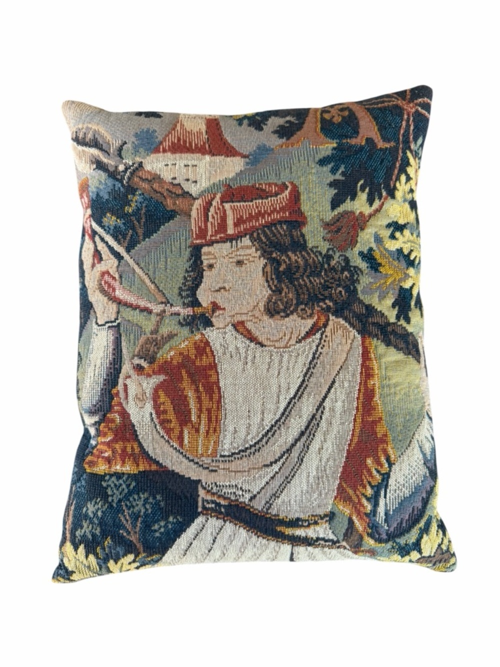 VTG French Aubusson Style Jacquard Tapestry Accent Pillow Boy w/ Horn 14x17 READ